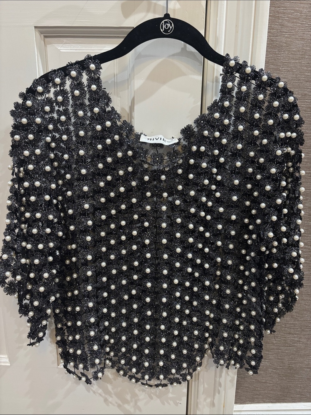 Pearl-Embellished Black Cropped Sweater Top